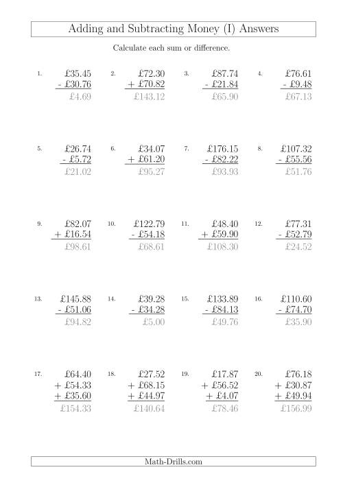 The Adding and Subtracting Pounds with Amounts up to £100 (I) Math Worksheet Page 2