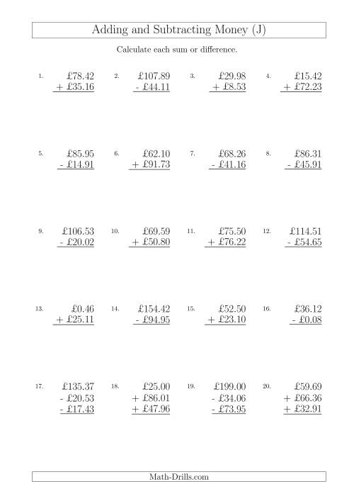 The Adding and Subtracting Pounds with Amounts up to £100 (J) Math Worksheet
