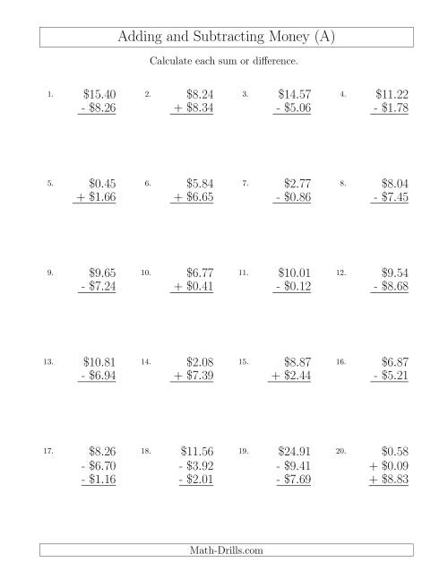 The Adding and Subtracting Dollars with Amounts up to $10 (A) Math Worksheet