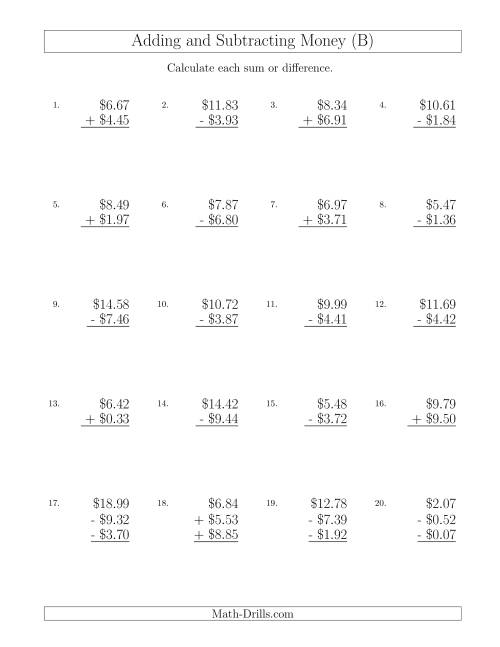 The Adding and Subtracting Dollars with Amounts up to $10 (B) Math Worksheet