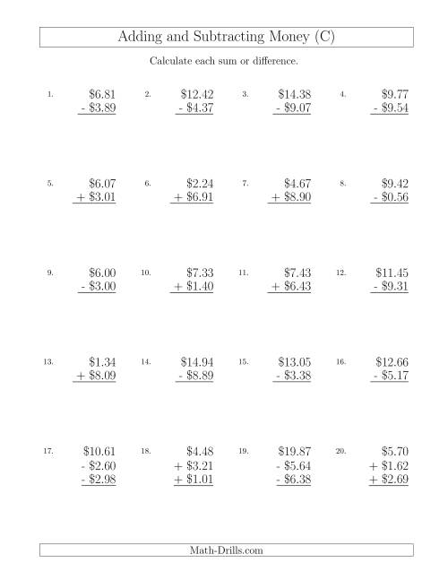 The Adding and Subtracting Dollars with Amounts up to $10 (C) Math Worksheet