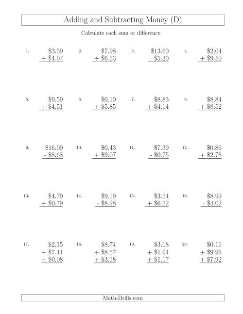 The Adding and Subtracting Dollars with Amounts up to $10 (D) Math Worksheet