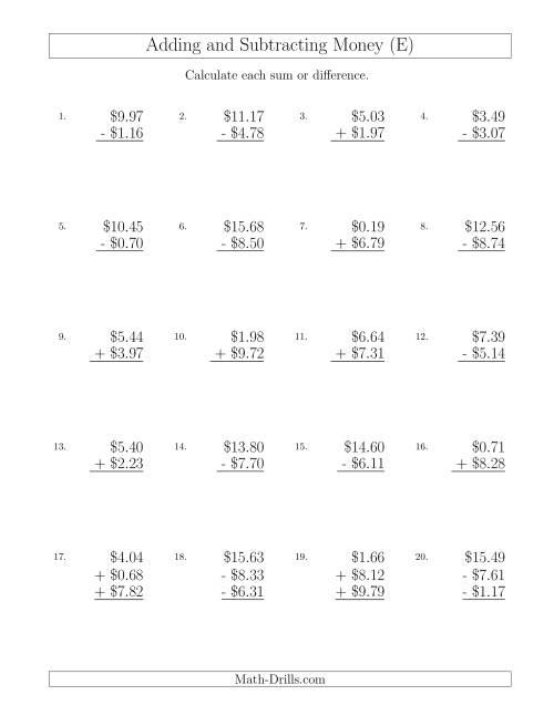 The Adding and Subtracting Dollars with Amounts up to $10 (E) Math Worksheet