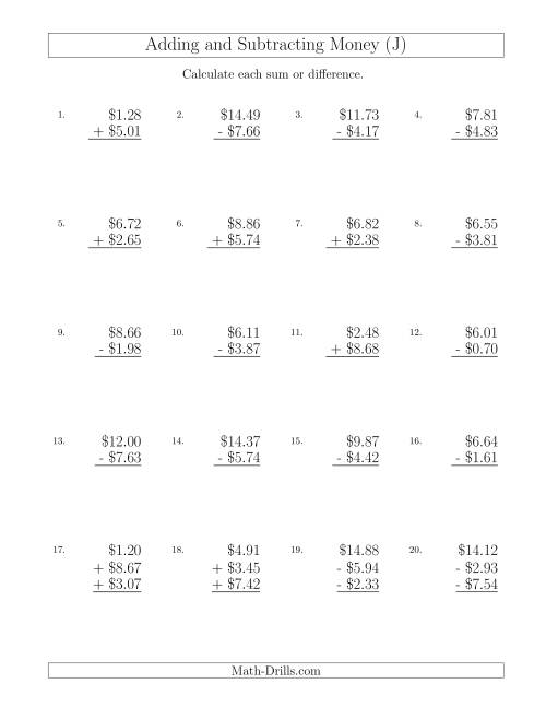 The Adding and Subtracting Dollars with Amounts up to $10 (J) Math Worksheet