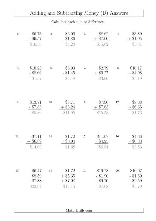 The Adding and Subtracting Australian Dollars with Amounts up to $10 (D) Math Worksheet Page 2