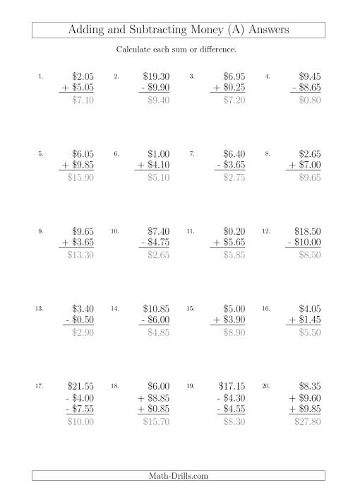 The Adding and Subtracting Australian Dollars with Amounts up to $10 in Increments of 5 Cents (A) Math Worksheet Page 2
