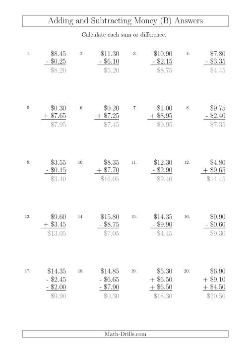 The Adding and Subtracting Australian Dollars with Amounts up to $10 in Increments of 5 Cents (B) Math Worksheet Page 2