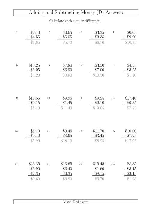 The Adding and Subtracting Australian Dollars with Amounts up to $10 in Increments of 5 Cents (D) Math Worksheet Page 2