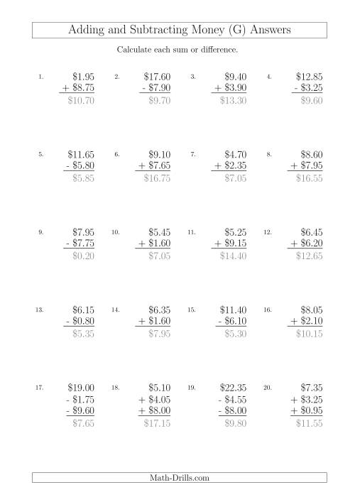 The Adding and Subtracting Australian Dollars with Amounts up to $10 in Increments of 5 Cents (G) Math Worksheet Page 2