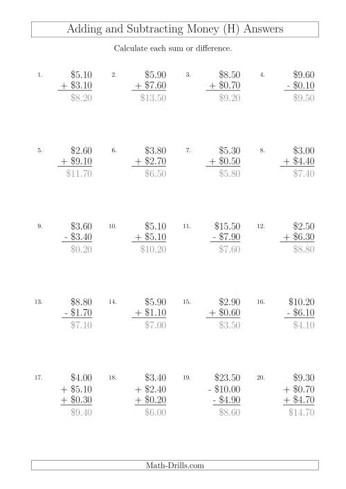 The Adding and Subtracting Australian Dollars with Amounts up to $10 in Increments of 10 Cents (H) Math Worksheet Page 2