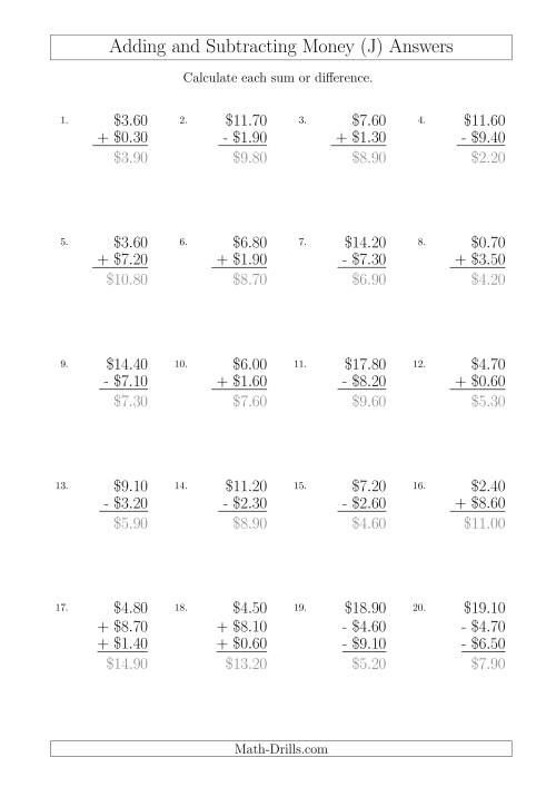 The Adding and Subtracting Australian Dollars with Amounts up to $10 in Increments of 10 Cents (J) Math Worksheet Page 2