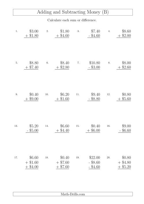 The Adding and Subtracting Australian Dollars with Amounts up to $10 in Increments of 20 Cents (B) Math Worksheet