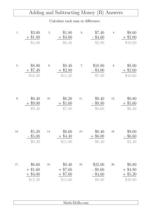 The Adding and Subtracting Australian Dollars with Amounts up to $10 in Increments of 20 Cents (B) Math Worksheet Page 2