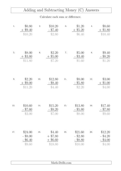 The Adding and Subtracting Australian Dollars with Amounts up to $10 in Increments of 20 Cents (C) Math Worksheet Page 2