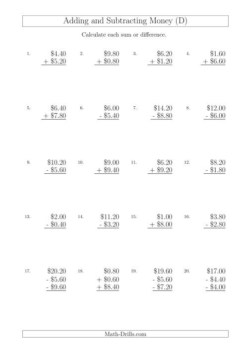 The Adding and Subtracting Australian Dollars with Amounts up to $10 in Increments of 20 Cents (D) Math Worksheet