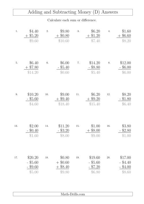 The Adding and Subtracting Australian Dollars with Amounts up to $10 in Increments of 20 Cents (D) Math Worksheet Page 2