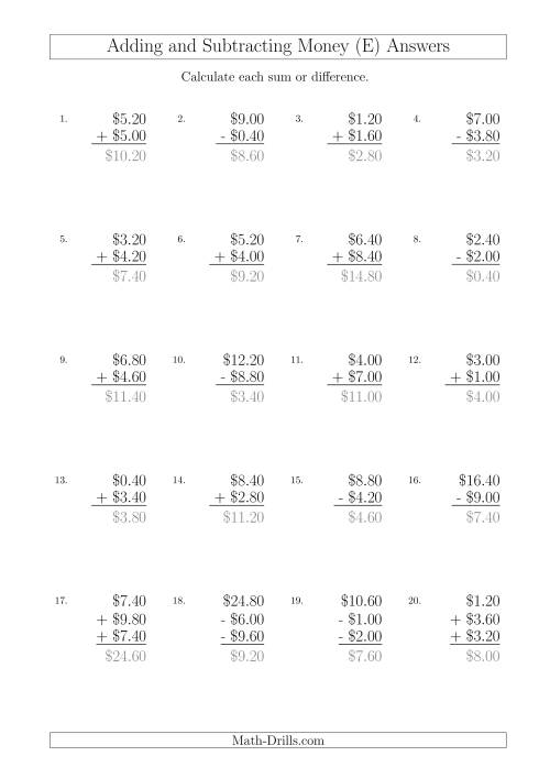 The Adding and Subtracting Australian Dollars with Amounts up to $10 in Increments of 20 Cents (E) Math Worksheet Page 2