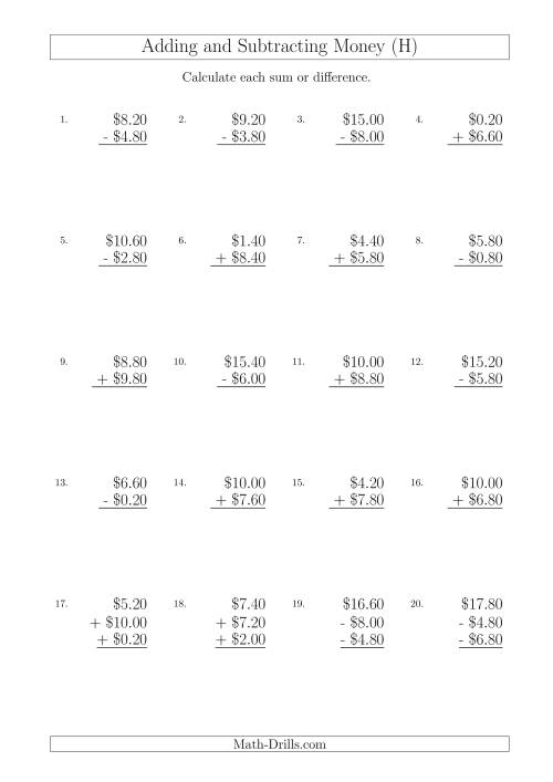 The Adding and Subtracting Australian Dollars with Amounts up to $10 in Increments of 20 Cents (H) Math Worksheet