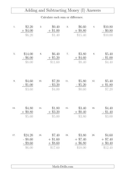 The Adding and Subtracting Australian Dollars with Amounts up to $10 in Increments of 20 Cents (I) Math Worksheet Page 2
