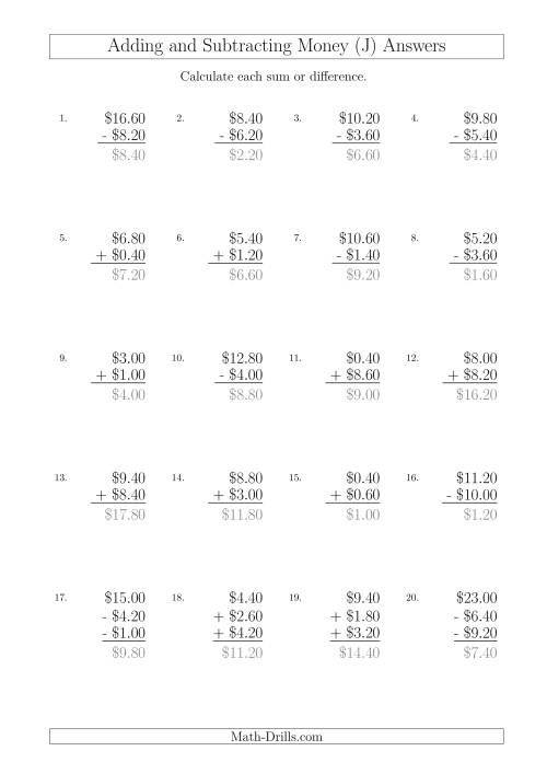 The Adding and Subtracting Australian Dollars with Amounts up to $10 in Increments of 20 Cents (J) Math Worksheet Page 2