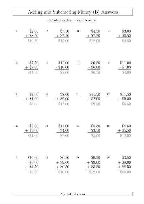 The Adding and Subtracting Australian Dollars with Amounts up to $10 in Increments of 50 Cents (B) Math Worksheet Page 2