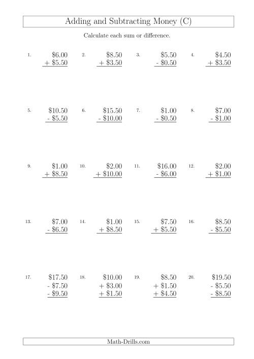 The Adding and Subtracting Australian Dollars with Amounts up to $10 in Increments of 50 Cents (C) Math Worksheet