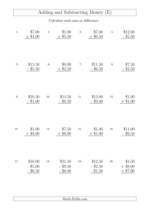 The Adding and Subtracting Australian Dollars with Amounts up to $10 in Increments of 50 Cents (E) Math Worksheet
