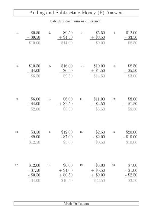 The Adding and Subtracting Australian Dollars with Amounts up to $10 in Increments of 50 Cents (F) Math Worksheet Page 2