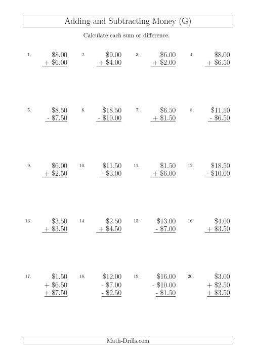 The Adding and Subtracting Australian Dollars with Amounts up to $10 in Increments of 50 Cents (G) Math Worksheet