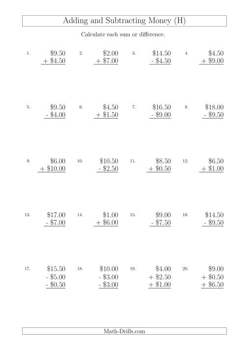 The Adding and Subtracting Australian Dollars with Amounts up to $10 in Increments of 50 Cents (H) Math Worksheet