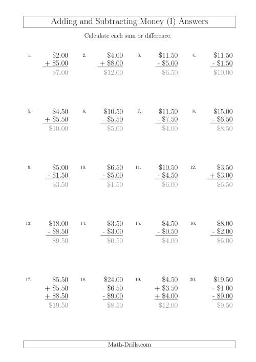 The Adding and Subtracting Australian Dollars with Amounts up to $10 in Increments of 50 Cents (I) Math Worksheet Page 2