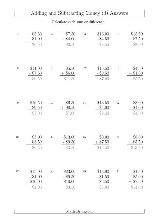 The Adding and Subtracting Australian Dollars with Amounts up to $10 in Increments of 50 Cents (J) Math Worksheet Page 2