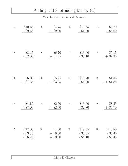 The Adding and Subtracting Dollars with Amounts up to $10 in Increments of 5 Cents (C) Math Worksheet