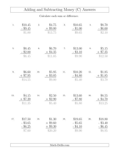 The Adding and Subtracting Dollars with Amounts up to $10 in Increments of 5 Cents (C) Math Worksheet Page 2