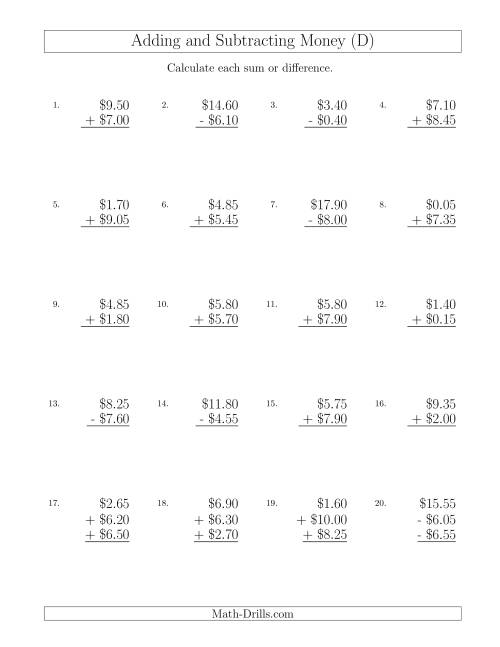 The Adding and Subtracting Dollars with Amounts up to $10 in Increments of 5 Cents (D) Math Worksheet
