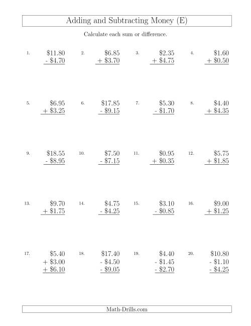 The Adding and Subtracting Dollars with Amounts up to $10 in Increments of 5 Cents (E) Math Worksheet