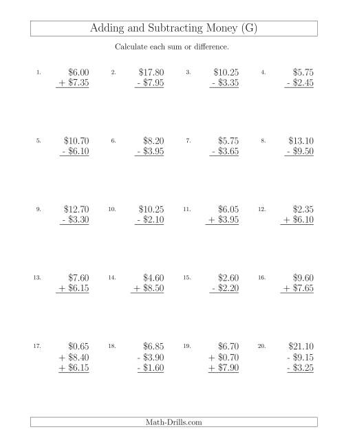 The Adding and Subtracting Dollars with Amounts up to $10 in Increments of 5 Cents (G) Math Worksheet