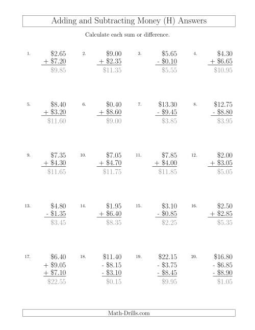 The Adding and Subtracting Dollars with Amounts up to $10 in Increments of 5 Cents (H) Math Worksheet Page 2
