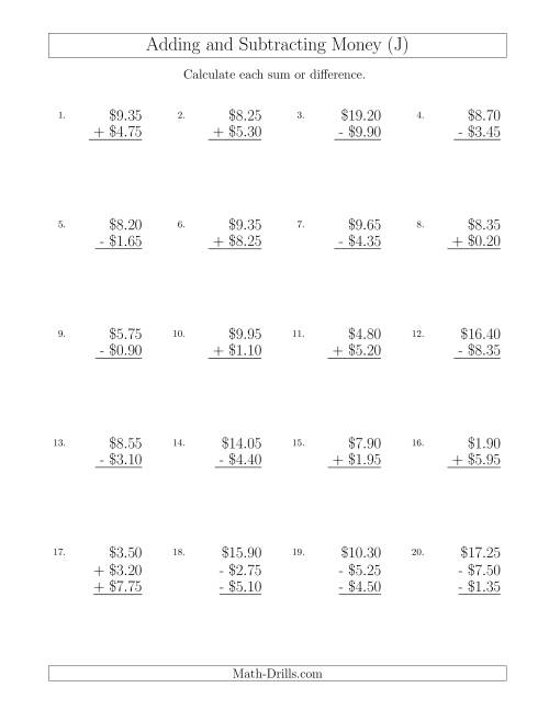 The Adding and Subtracting Dollars with Amounts up to $10 in Increments of 5 Cents (J) Math Worksheet