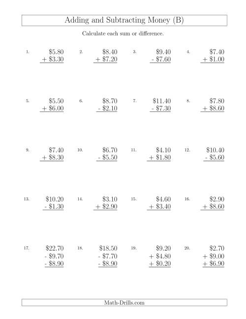 The Adding and Subtracting Dollars with Amounts up to $10 in Increments of 10 Cents (B) Math Worksheet
