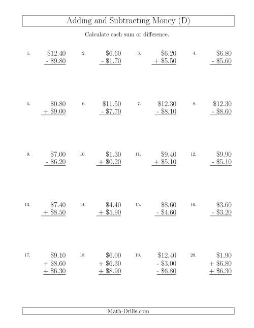 The Adding and Subtracting Dollars with Amounts up to $10 in Increments of 10 Cents (D) Math Worksheet
