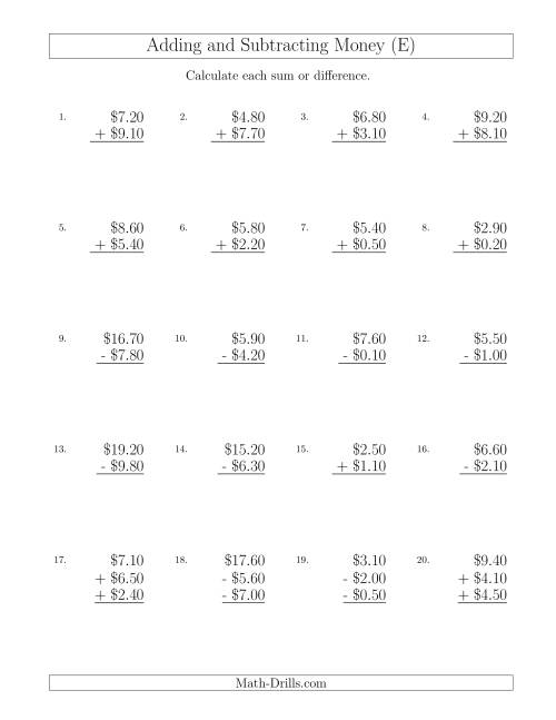The Adding and Subtracting Dollars with Amounts up to $10 in Increments of 10 Cents (E) Math Worksheet