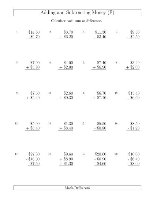The Adding and Subtracting Dollars with Amounts up to $10 in Increments of 10 Cents (F) Math Worksheet