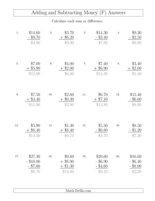 The Adding and Subtracting Dollars with Amounts up to $10 in Increments of 10 Cents (F) Math Worksheet Page 2