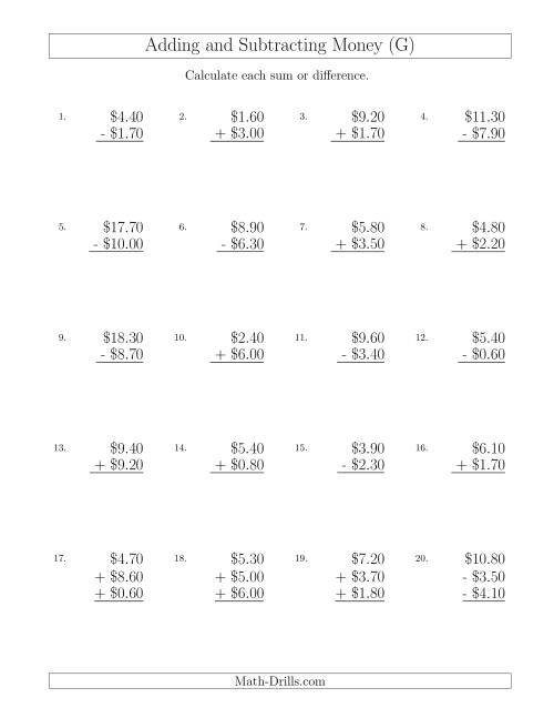 The Adding and Subtracting Dollars with Amounts up to $10 in Increments of 10 Cents (G) Math Worksheet