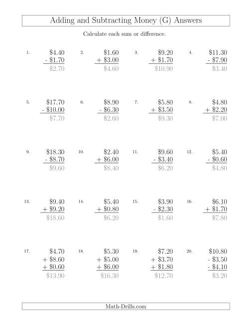 The Adding and Subtracting Dollars with Amounts up to $10 in Increments of 10 Cents (G) Math Worksheet Page 2