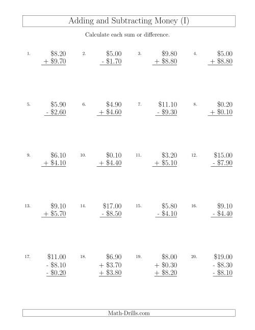 The Adding and Subtracting Dollars with Amounts up to $10 in Increments of 10 Cents (I) Math Worksheet