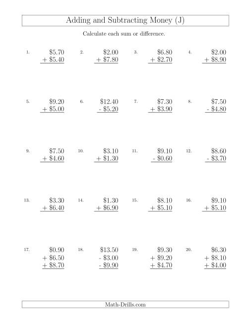 The Adding and Subtracting Dollars with Amounts up to $10 in Increments of 10 Cents (J) Math Worksheet