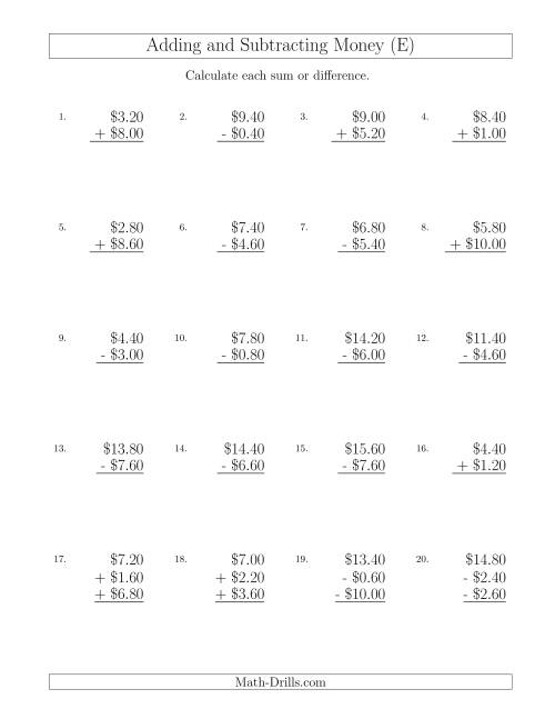 The Adding and Subtracting Dollars with Amounts up to $10 in Increments of 20 Cents (E) Math Worksheet