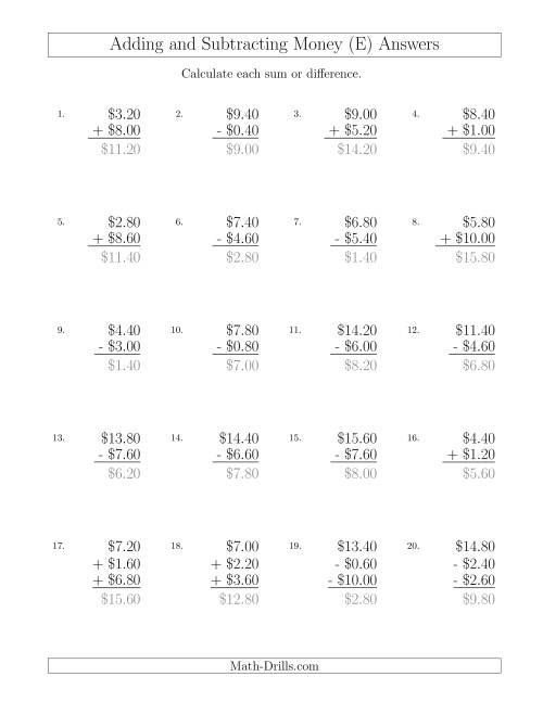 The Adding and Subtracting Dollars with Amounts up to $10 in Increments of 20 Cents (E) Math Worksheet Page 2